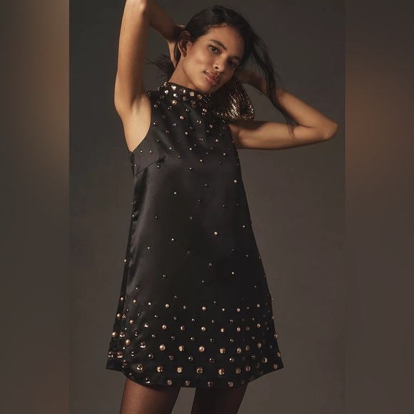 Anthropologie Tanvi Kedia Studded Black Sleeveless Mini Dress Gold Brown - Picture 1 of 14